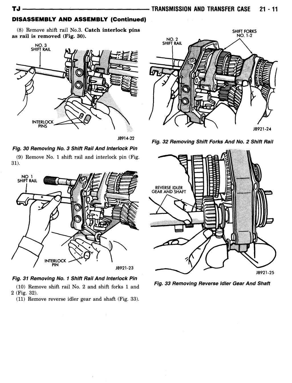 TRANSMISSION AND TRANSFER CASE 21-11 (8) Remove shift rail No.3. Catch interlock pins SHIFT FORKS as rail is removed (Fig. 30). NO. 2 - NO. 1-2 SHIFT RAIL J8921-24 J8914-22 30 Removing No.