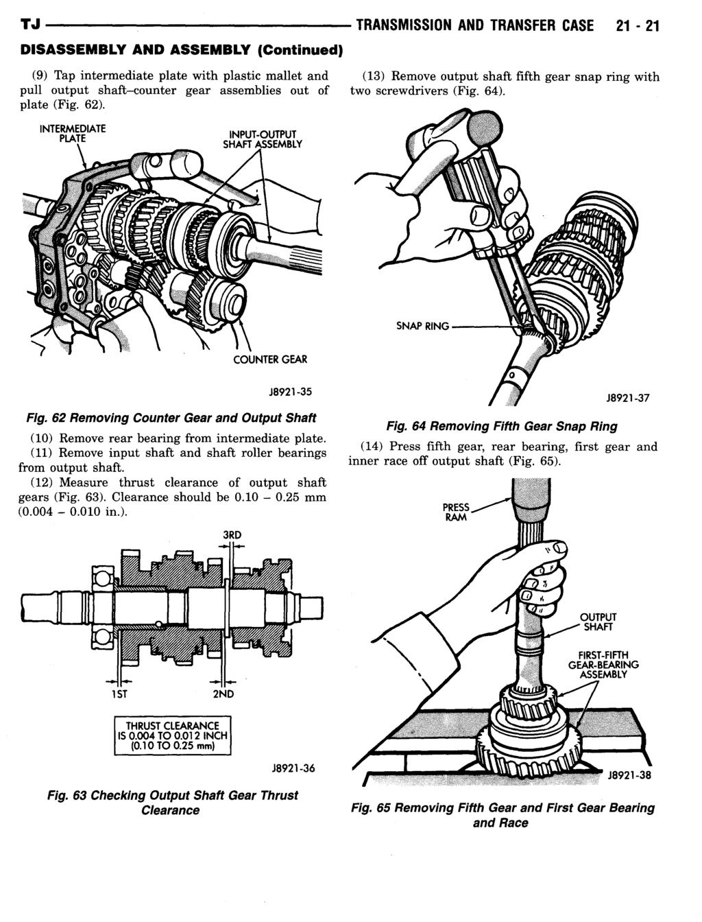 (9) Tap intermediate plate with plastic mallet and pull output shaft-counter gear assemblies out of plate (Fig. 62).