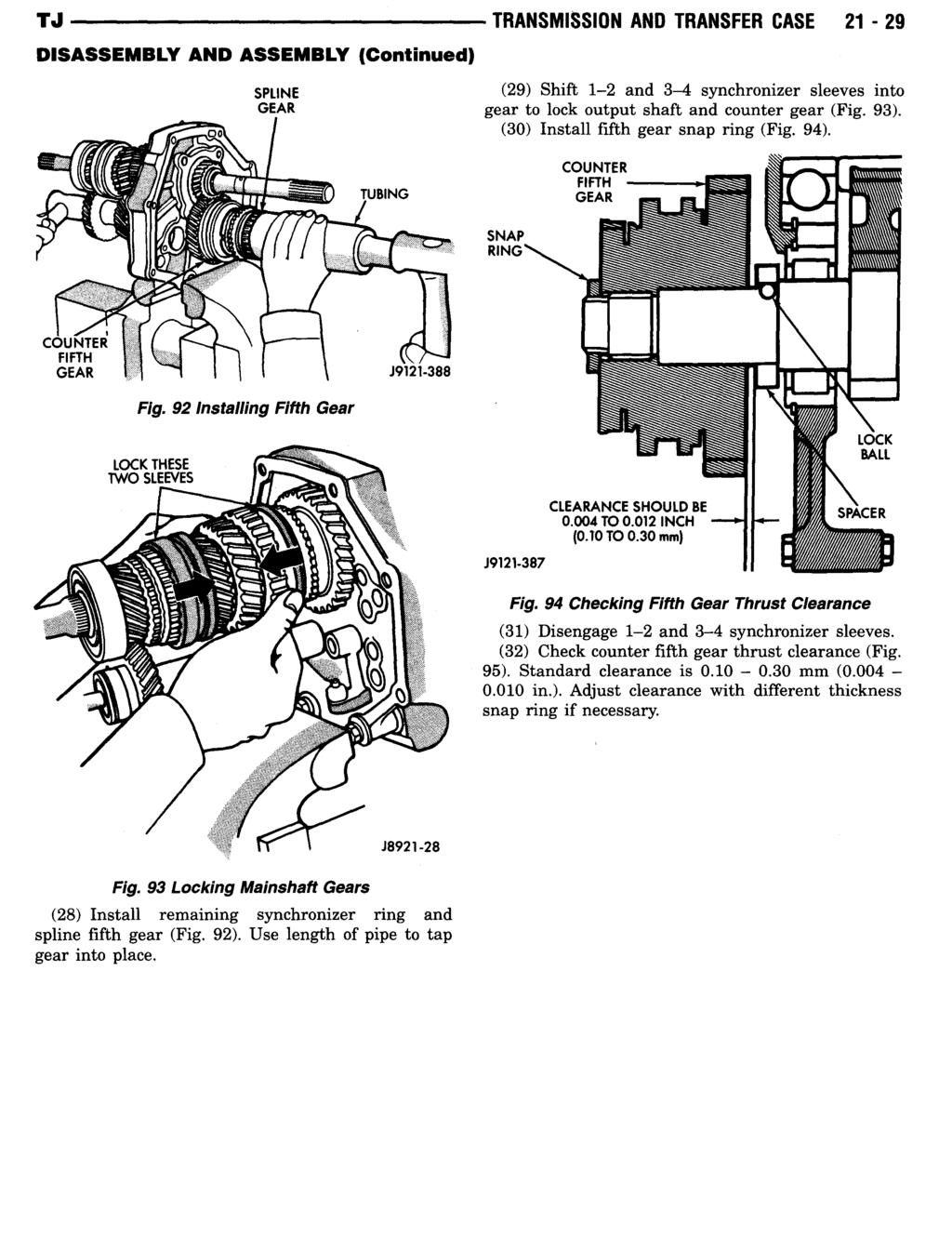 SPLINE GEAR TRANSMISSION AND TRANSFER CASE 21-29 (29) Shift 1-2 and 3-4 synchronizer sleeves into gear to lock output shaft and counter gear (Fig. 93). (30) Install fifth gear snap ring ( 94).