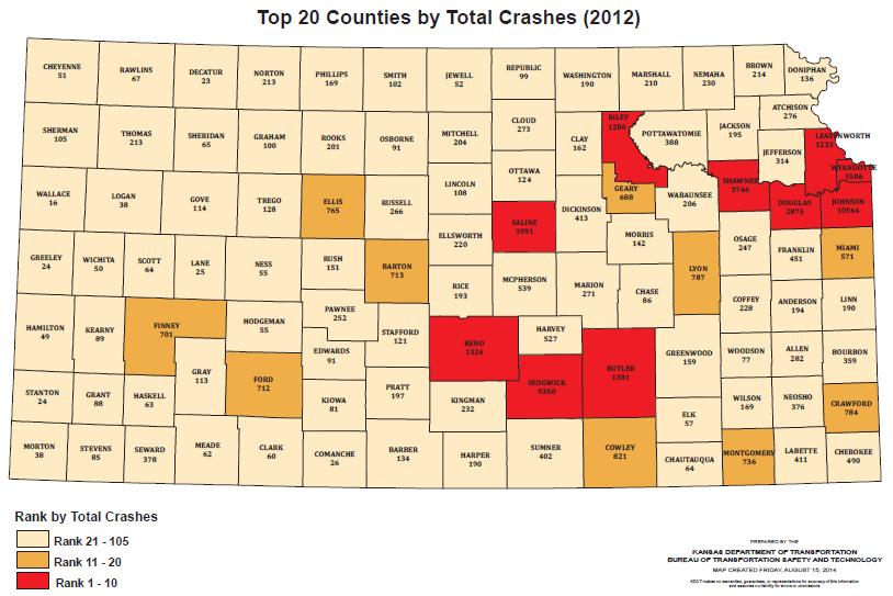 2012 Top 20 Counties by Total Crashes The following counties accounted for nearly 44,000 of the 60,000 reported crashes in the state or 73 percent of all crashes in 2012.