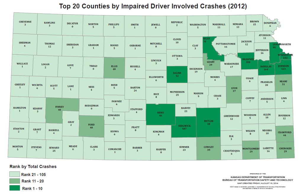 Impaired Driving Crashes The map below shows each county by the number of impaired drivers involved in crashes for 2012.