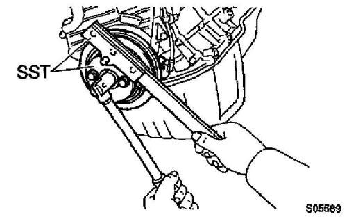 REMOVE CRANKSHAFT PULLEY a. Using SST (and bolt), loosen the pulley bolt.