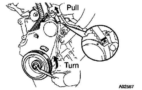 HINT: When re-using timing belt: After loosing the crankshaft pulley bolt and matching the ditch of
