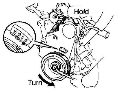 And turn the crankshaft pulley clockwise, and align its groove with timing mark "0" of the No.1 timing belt cover.