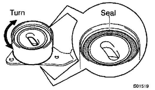 2. INSPECT IDLER PULLEYS a. Visually check the seal portion of the idler pulley for oil leakage. If leakage is found, replace the idler pulley. b. Check that the idler pulley turns smoothly.