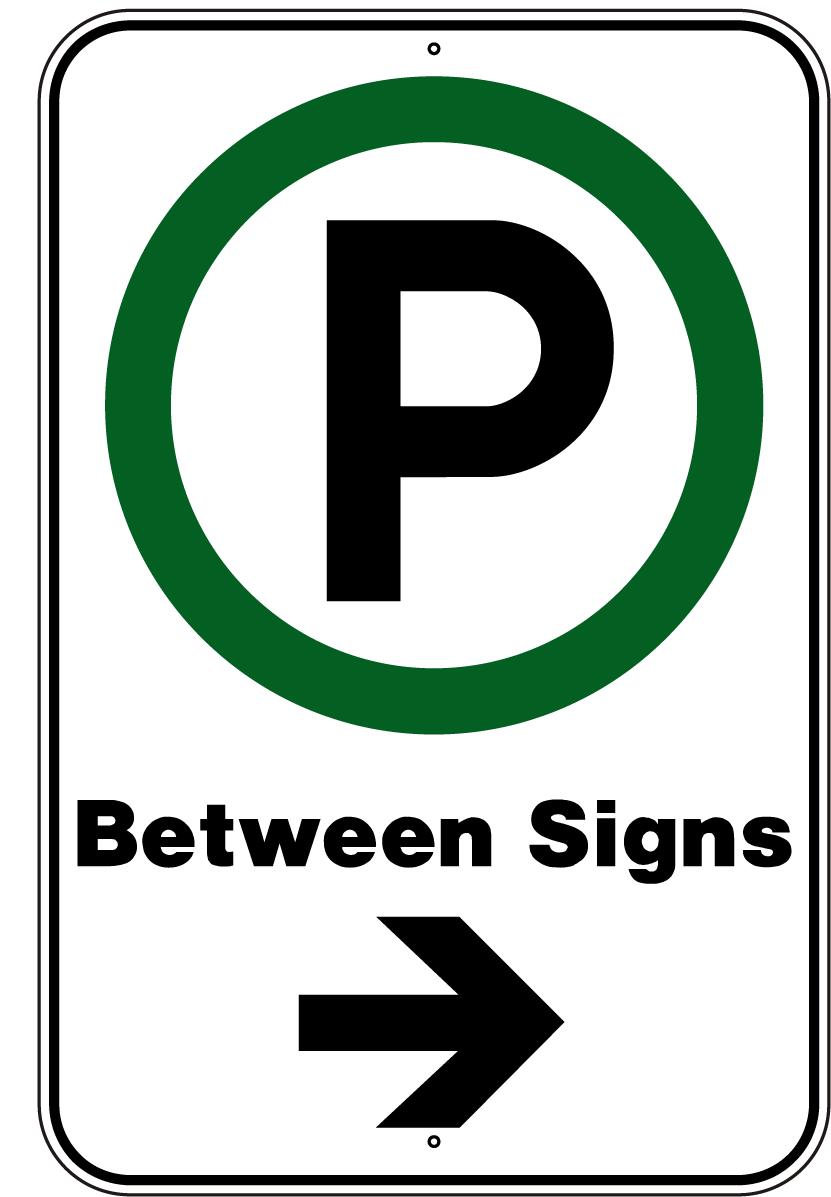 s shown below, parking signs with a single arrow pointing either left or right can be placed at each end of a designated parking area.
