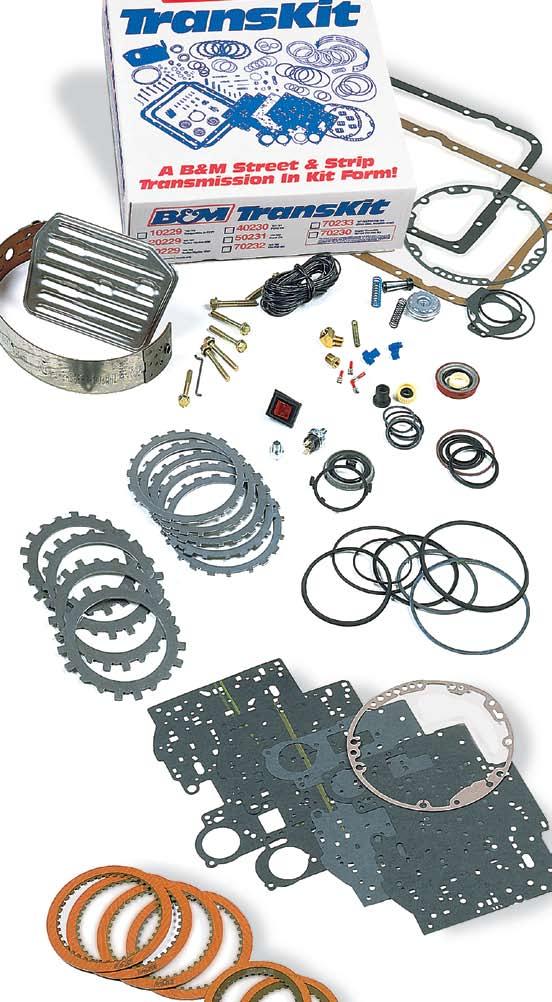 TRANSMISSION KITS TRANSKIT Same quality and components used in a B&M Street/Strip transmission in a do-it-yourself kit. Transpak modification components including special replacement valves & springs.
