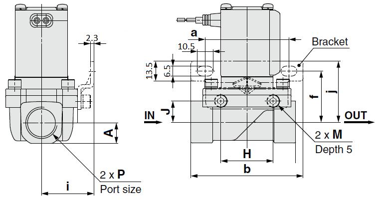 2.4 Pneumatic Symbol 2.4.1 Valve Valve Normally closed (N.C.) Normally open (N.O.) Table 1 Symbol 3.1.2 Metal body Aluminium, C37, Stainless steel (Bracket optional) size P A Figure 2 Bracket Mounting a b f i j H J VXZ2(3,A), 3/8 10.
