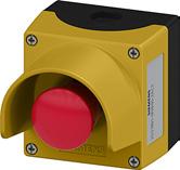 17 EMERGENCY-STOP mushroom pushbuttons, red, Ø 40 mm, with yellow top part, with protective collar, 2NC