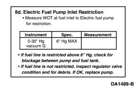 8d. Electric Fuel Pump Inlet Restriction Purpose: To determine if there is a restriction in the fuel pump inlet. Remove the fuel line to the inlet side of the fuel pump.