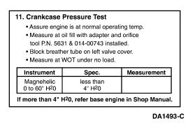 Recommended Procedure: te: Do not plug hole on Crankcase Orifice Restrictor Tool 014-00743. Make sure the engine is up to operating temperature. A cold engine will give higher readings.