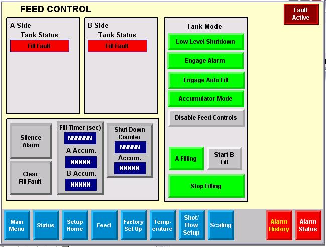 HMI Navigation Overview Feed Control Icon Description This indicates the tank status: No Levels Used = system is set up without any level sensors, High Level = the high level switch is tripped, Low