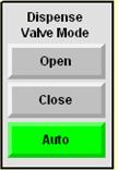 Open Mode holds the dispense valve open. Close Mode holds the valve closed. Auto Mode opens the valve when the pumps are dispensing and closed the valve when the pumps are done.