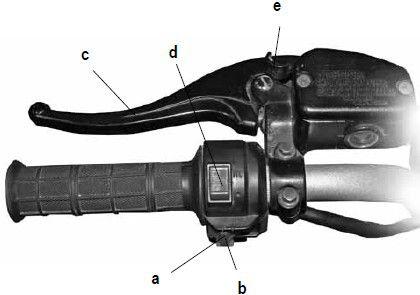 HANDLEBAR & CONTROL LAYOUT Left Handle Bar a b c d e Engine Stop Switch: With this switch in the RUN position, the engine can be started.