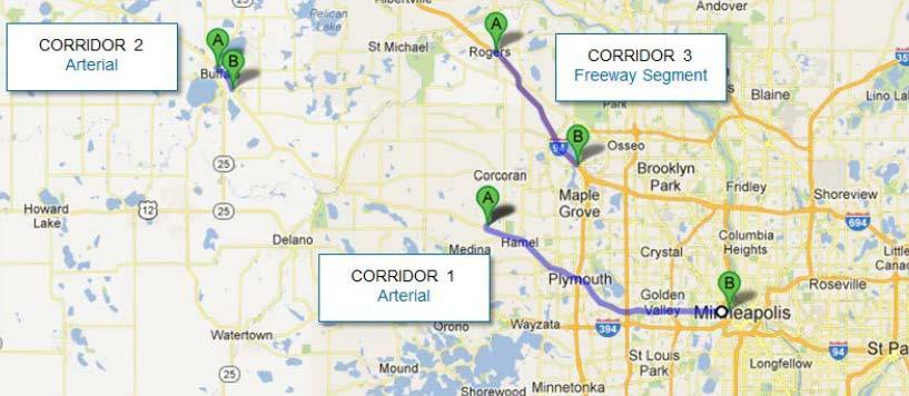 Three corridors were identified as travel time study corridors according to the likely hood that they would be traveled during the study Corridor 1 - A 16-mile segment of TH55 in Hennepin County from