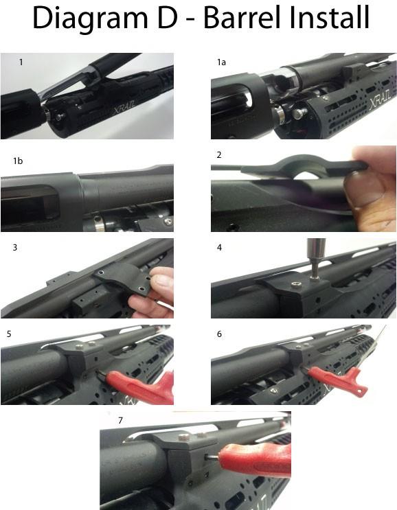 WARNING! Before starting any operation on gun, make sure that the gun chamber and magazine are UNLOADED and the safety is engaged!! B. Barrel Installation (See Diagram D).