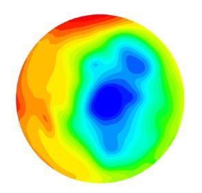 The pressure contour clearly shows a core of the vortex which is revolving with