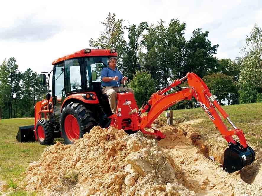 Backhoe Specifications KB2485 A Digging Depth (two foot flat bottom) 94.4 (2,400 mm) B Reach from center line of Swing Pivot 136.1 (3,460mm) C Loading Height (bucket at 60 ) 80.