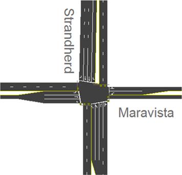 The southbound approach will consist of a single left-turn lane, two through lanes, and a single right-turn lane.