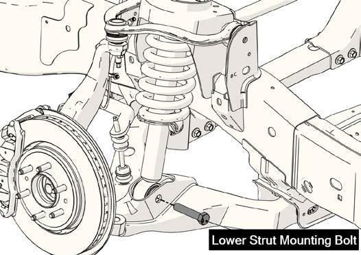 11 Raise the lower control arm and reinstall the lower strut mounting bolt as shown in figure 11.