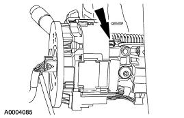 7. Install and connect the clockspring electrical connector assembly. 1. Align the clockspring electrical connector assembly to the steering column and engage the four retaining tabs (two shown). 2.