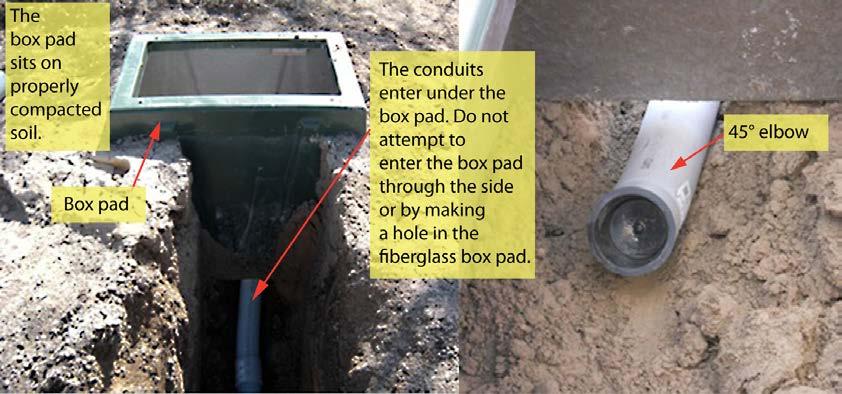 6.1.5. Conduit Placement Policy 242 Underground Conduit Systems for Primary and Secondary Conductors Figure 47 Conduit Placement 1. The box pad sits on properly compacted soil. 2. The conduits enter under the box pad.
