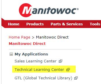com/en/manitowoc -direct/manitowoc-direct-request-access Once registered, users should login to Manitowoc Direct, click to expand My Applications, then select Technical Learning Center to enter our
