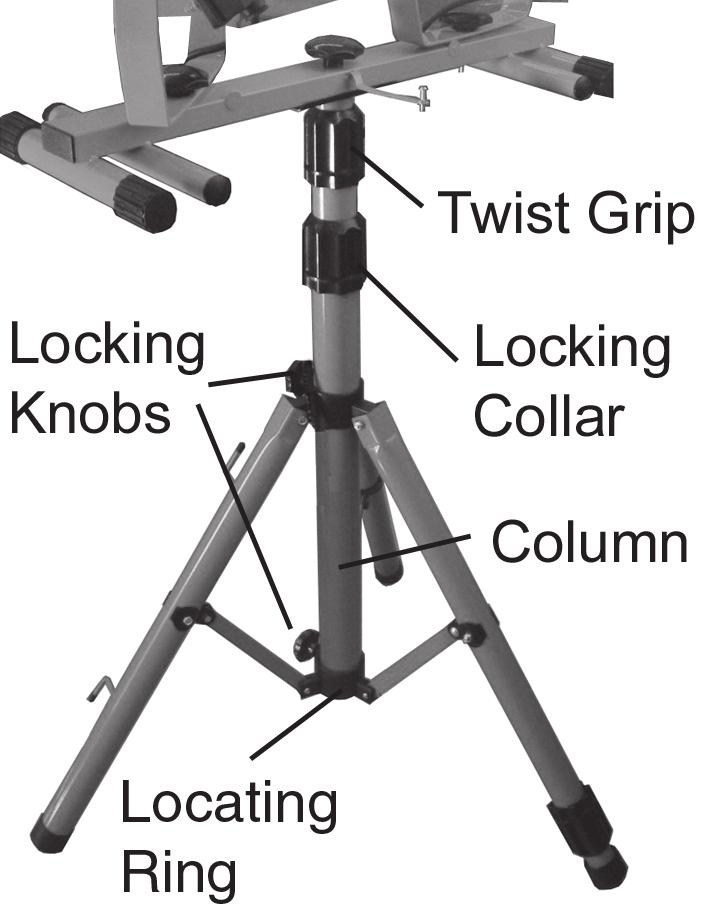 The tripod will slide down the column and the legs move apart. 3. Re-tighten the locking knobs when the legs are spread correctly, ensuring the base of the column is seated in the locating ring. 4.