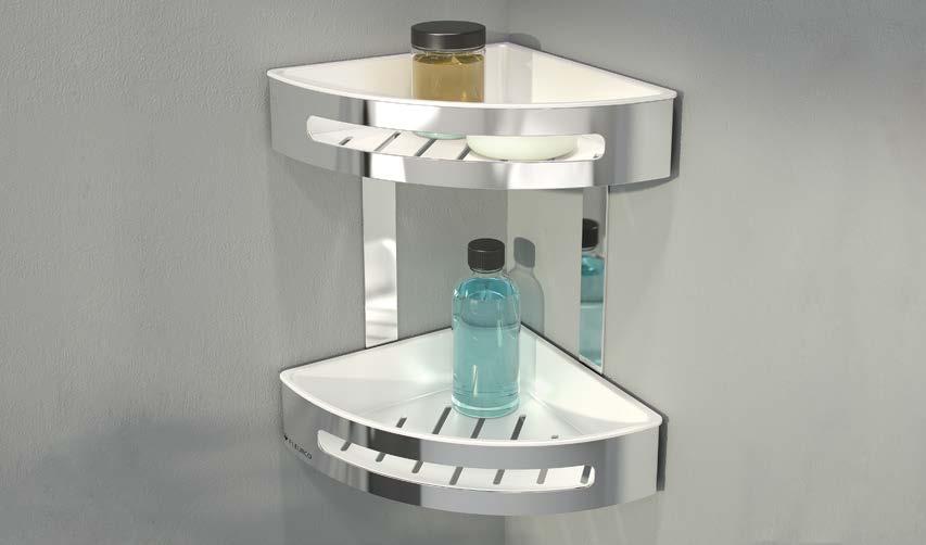 4VERITAS aura MODEL VAC20808-18-11 Aura DOUBLE CORNER SHOWER SHELF Product sides height Finish Price VAC20808-18-11 8 1 /8" 205mm 11 3 /8" 290mm Spacious double corner basket for your shower Slotted