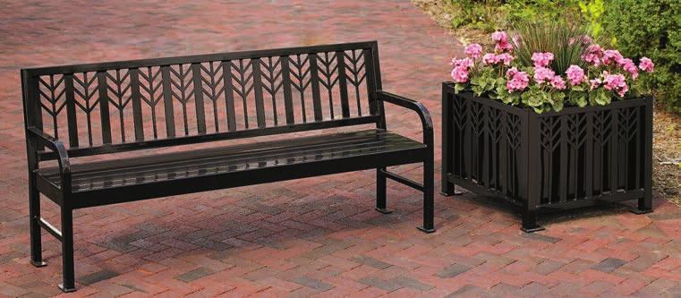 9 Outdoor Products SEATING 3317629-R 3317729-R PETERSEN Benches and Planters Steel with powder coat finish Bench features 14-gauge steel legs with 11-gauge steel seat. L-shaped foot plates.