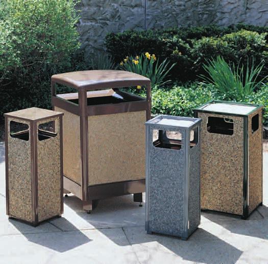 9 Outdoor Products WASTE CONTAINERS Landmark Series Plastic Stone Panel Receptacles Polycarbonate/ABS plastic with aggregate panels 35- and 50-gallon capacities Includes rigid plastic liner for easy