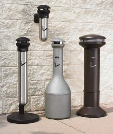 SafeSmoker Cigarette Butt Receptacles have flame-resistant polyethylene construction, twist off top, and large galvanized steel collection bucket.