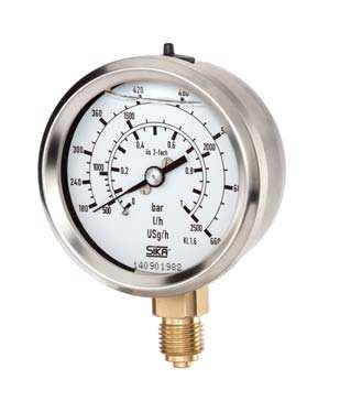 Bourdon tube pressure gauges, special version For separators for flow measurement, type MRE-g, nominal size 63 mm SIKA manometers for separators with 63 mm stainless-steel housing are especially