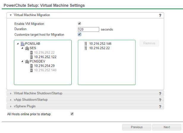 VMware Configuration Virtual Machine Migration If you enable Virtual Machine migration, use the Duration field to set the time allowed for the VMs to migrate to another healthy Host in the Cluster.