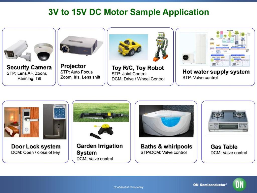 There are many applications for 3 to 15 volt DC motor drivers. Security cameras, video projectors, toys, and valve control in water and gas applications.