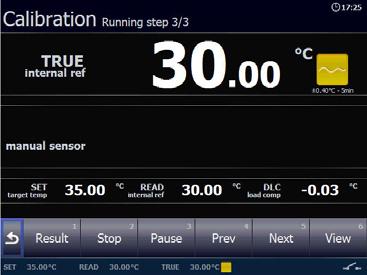 The Calibration Running step 1 of 2 is started and the temperature is heading towards step 1.