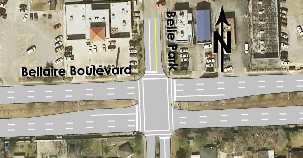 Figure 13: Bellaire Boulevard at Belle Park Drive Proposed Intersection Layout South Kirkwood Road and Bellaire Boulevard Left turn bay for the first median opening west of South