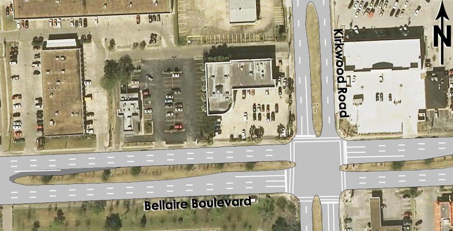 A left turn bay at this median opening would help prevent turning traffic from blocking the through lanes on Bellaire Boulevard.