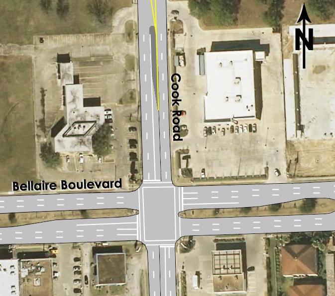 Cook Road and Bellaire Boulevard Extend the southbound left turn storage bay on Cook Road - This will provide more vehicle storage space.