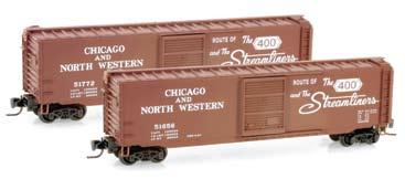 95 Chicago & North Western Road Numbers CNW 51656 / 51772 These 50 standard box cars with single Youngstown doors are painted box car red with large, white Route of the 400 and The Streamliners and