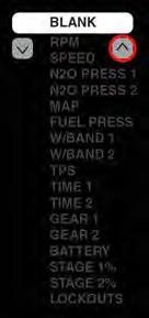 N2O % in AFR mode), Stage 2 % (or Fuel % in AFR mode), Lockouts, or leave it set to Blank to display nothing. Once set, use the Back Arrow in the lower right of the screen to return to the Setup Menu.