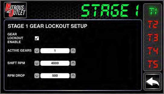 4. Select Gear Lockouts from the Stage 1 column on the Stage Setup Screen. This option will keep the nitrous from activating for up to 3 gears.
