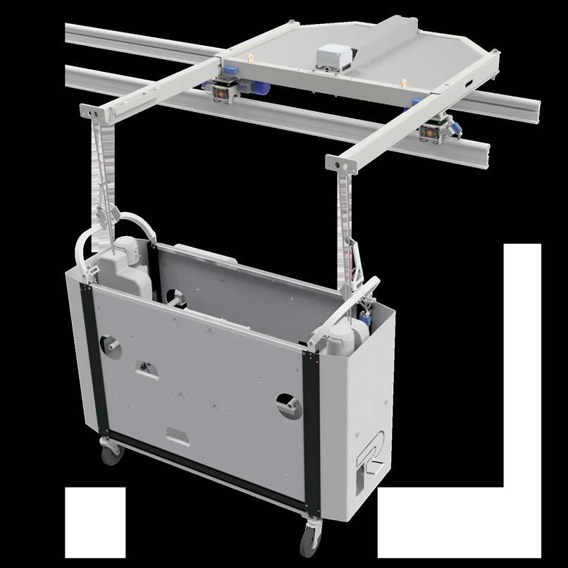 A light roof trolley is an extremely flat machine traversing on two parallel tracks. The roof trolley consists of one or two suspension jibs.
