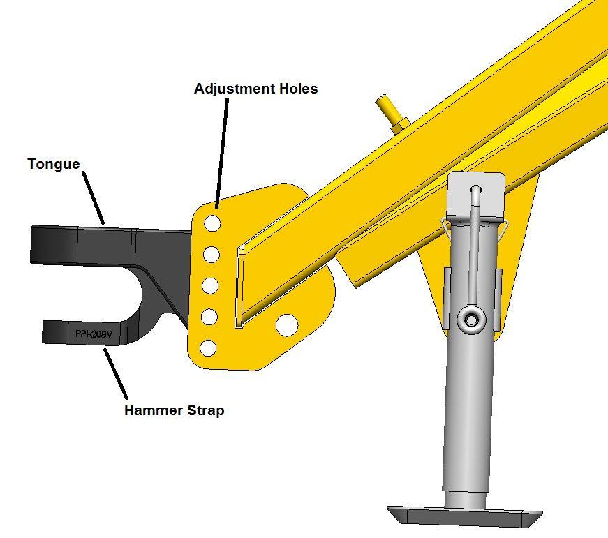 Implement Tongue The adjustable hitch on the VR483 hay rake features a single cast tongue with hammer strap insert. This allows for use with tractors equipped with a hammer strap, or a single drawbar.