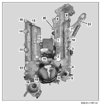 3. Tighten bolts (1 and 11) again. Fig. 25: Identifying Charge Air Manifold Bolts Tightening Sequence BOLT PLAN FOR CHARGE AIR MANIFOLD - AR09.