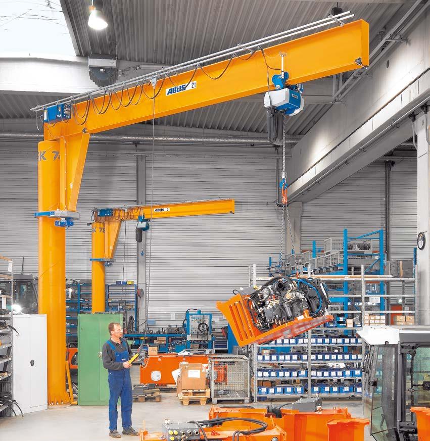 ABUS Jib Cranes Daily in action Pillar jib crane VS with electric chain hoist ABUCompact GM8 Capacity: Jib length: Overall height: 2 t 7 m 6 m Used in the assembly of road construction machines, this
