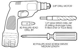 INSTALLATION GUIDE TOOLS NEEDED COMPONENTS INCLUDED 3/8" Drill P2 Tip 1/2" Drill Bit #2 Philips Screwdriver Hinged Lid Track(s) x 2 Clamp(s) x 6-8 Pull Strap Housing Tailgate