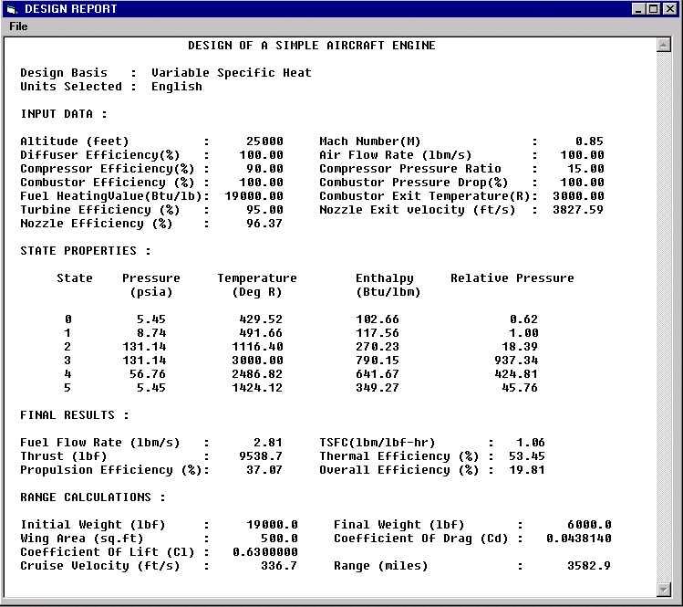 Figure 10. Program snapshot of the Results Print Report menu item clicked. Figure 11 shows one of the graphs produced when the Results Plot Graphs menu item is selected.