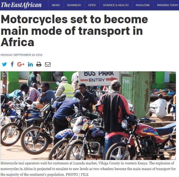 Growth of motorcycle market in Kenya Sales of motorcycles in Kenya almost tripled between 2008 and 2014 Cheap motorcycles mainly from China and India flood the market Displacement Price in USD Suzuki