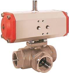 3-Way tainless teel Ball Valve with Pneumatic Actuator odel UP-P Four-piece threaded joint body design with mounting pad for actuator mounting, reduced cylindrical bore, T or bore, universal sealing.